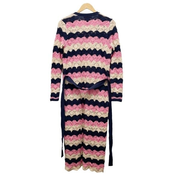 Laurie Felt Pointelle Knit Maxi Cardigan Duster Sweater Navy Pink Tan Size XXS - Picture 8 of 16